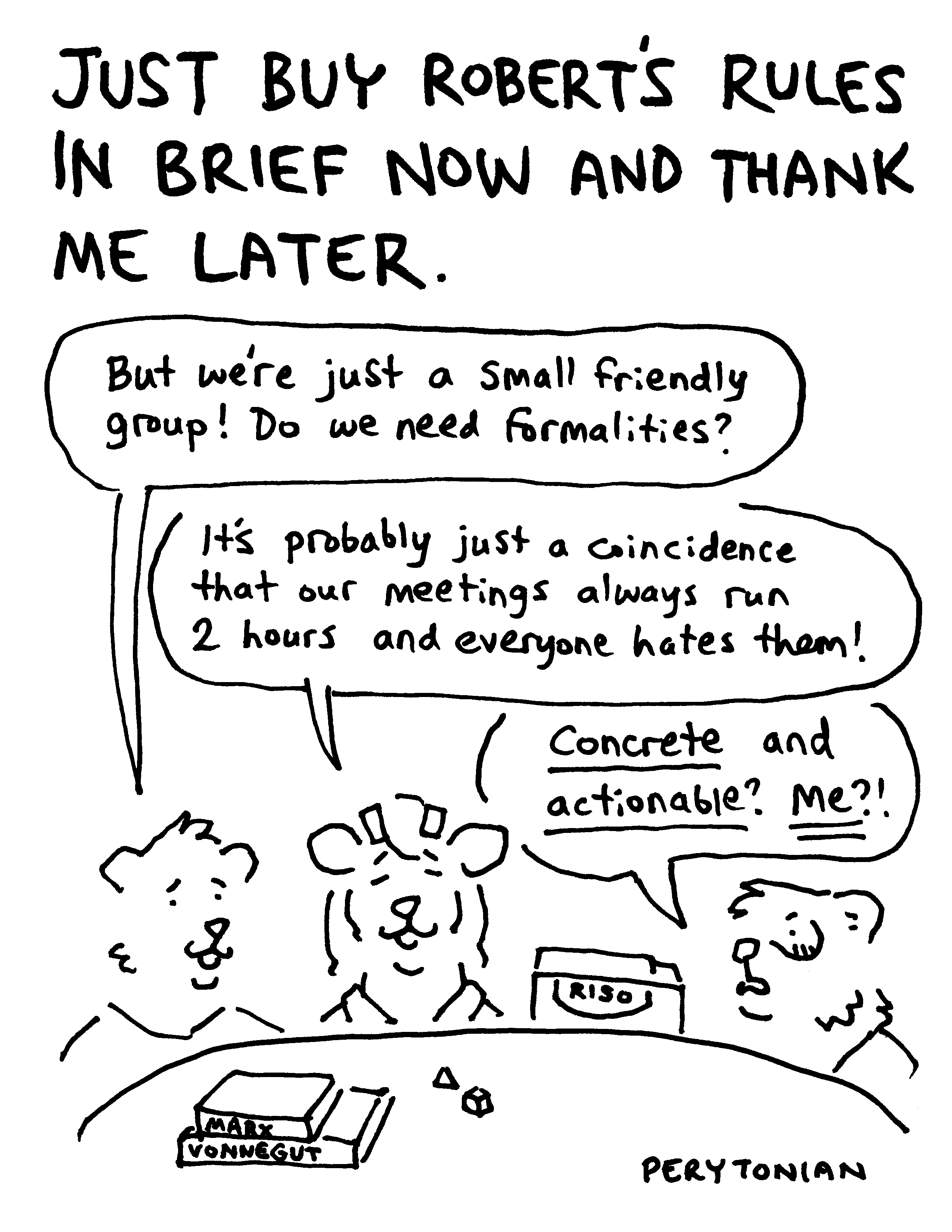A comic featuring several anthropomorphic animal characters sitting around a table.